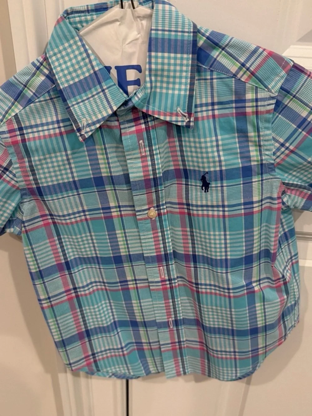 Ralph Lauren Boys Teal Plaid Button-Down Shirt with Navy Logo